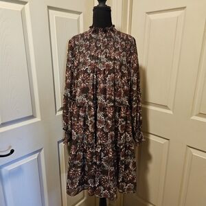 Floral Flowy Brown Smocked Tiered Mini Dress Ellen Weaver Size 2XL